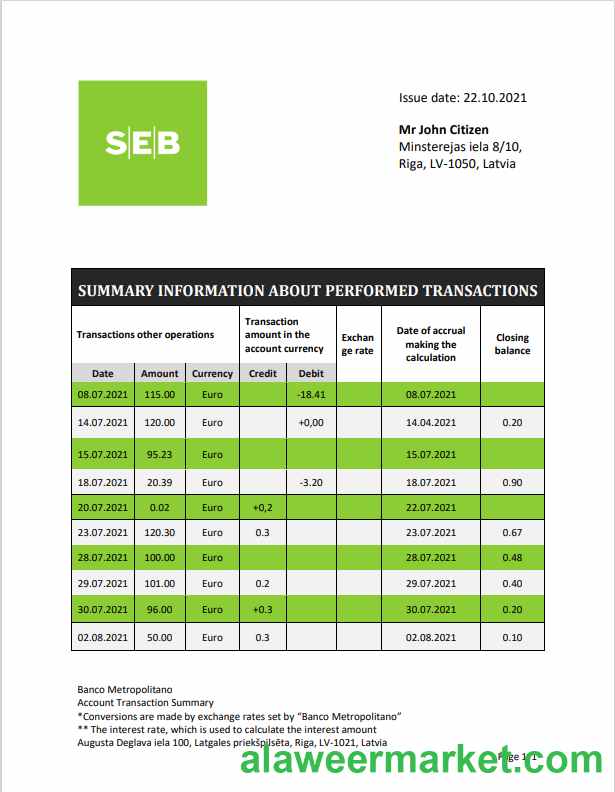 Latvia SEB Bank statement template in Word and PDF format